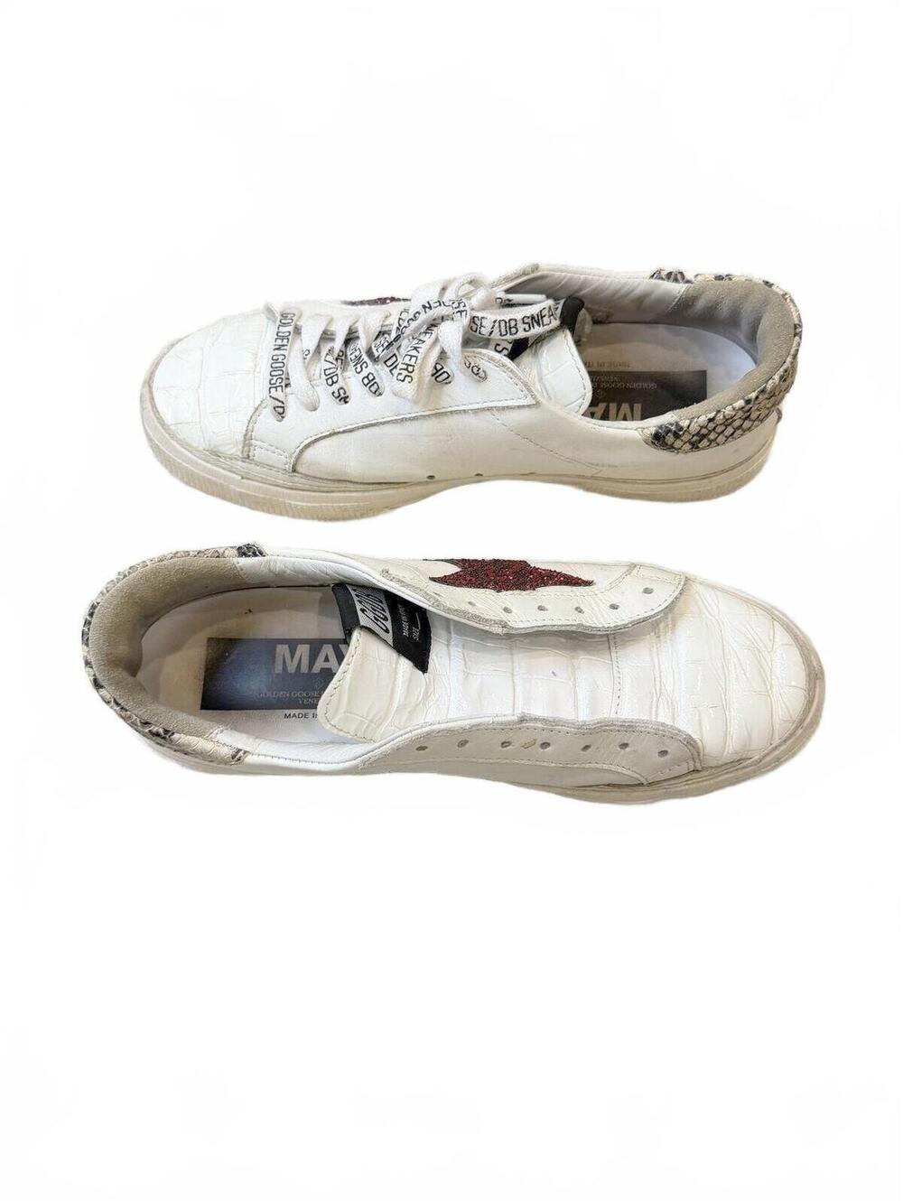 Golden Goose May White Croc-Embossed Sneakers Red Glitter Star Snake Print Sz 7 - Picture 8 of 13